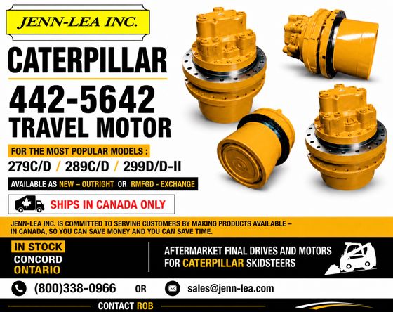 Caterpillar 442-5642 travel motor for 279C/D, 289C/D and 299D/D-II, available new outright or remanufactured exchange, ships in Canada only