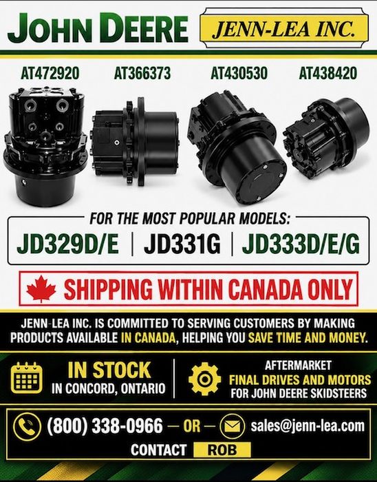 Aftermarket final drives AT472920, AT366373, AT430530 and AT438420 for John Deere JD329D/E, JD331G and JD333D/E/G, ships within Canada only