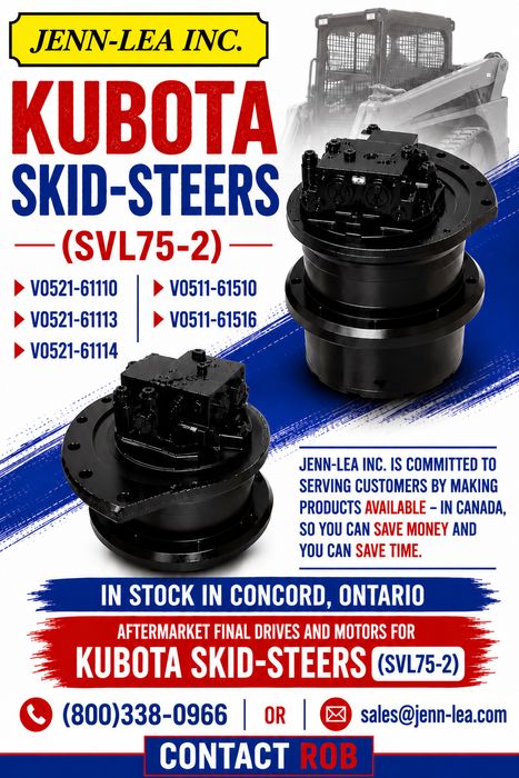 Aftermarket final drives for Kubota SVL75-2 skid steers, part numbers V0521-61110, V0521-61113, V0521-61114, V0511-61510 and V0511-61516, in stock in Concord, Ontario
